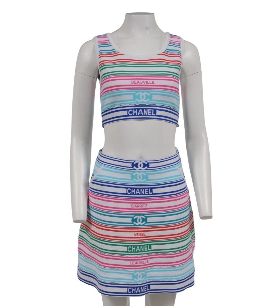 Chanel 19P Cruise Rainbow Striped Top Skirt Set Size 38 White Pink Blue CC  Logo