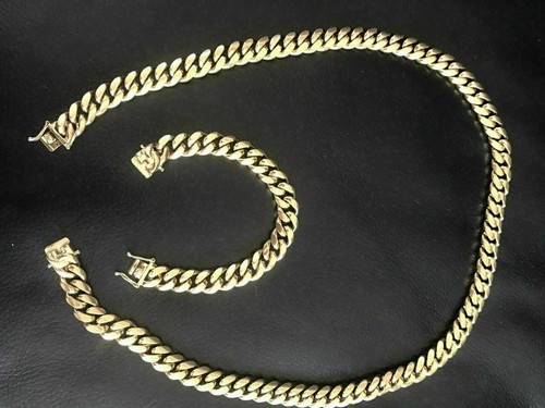 HARLEMBLING 14mm Men Miami Cuban Link Bracelet & Chain Set 14k Gold Plated - Picture 7 of 23