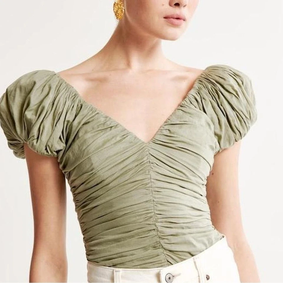 Abercrombie & Fitch Green Puff Sleeve Ruched Blouse Size Medium
