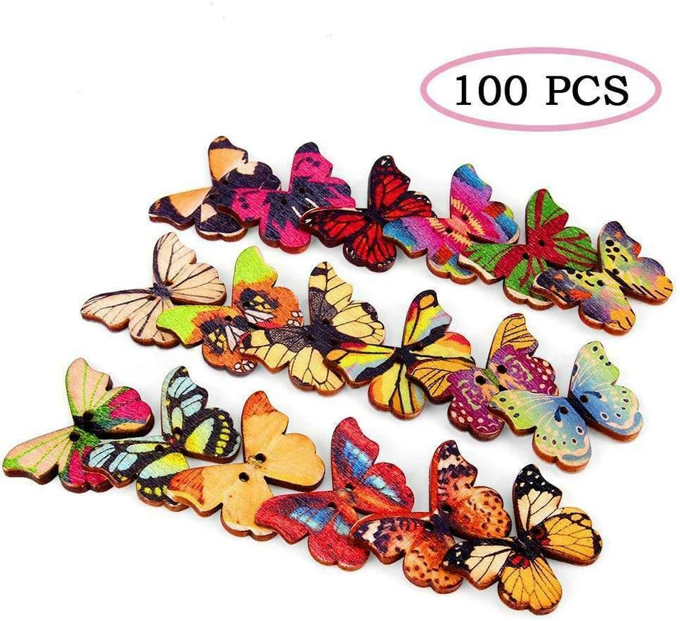 100x Mixed Wooden BUTTERFLY BUTTONS 28mm - 2 Hole Craft Sewing Embellishments/UK - Image 2 of 4