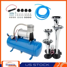 For Train Truck 4 Trumpets Air Horn 150PSI Compressor Kit Tank Gauge