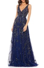 Mac Duggal 5215 Sequin Beaded Plunge Neck Gown Plus SZ 18 Midnight $498