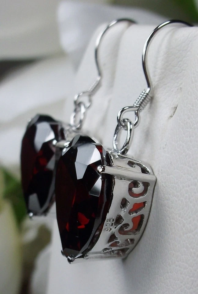 Brincos de gota de filigrana de prata esterlina coração granada vermelha CZ (feitos sob medida)* E38 - Imagem 3 de 4