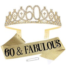 60th Birthday Sash and Tiara Gold Tiara 60th Birthday Gifts for Women 60th Bi...