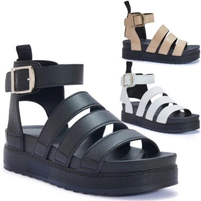 LADIES GLADIATOR SANDALS New WOMENS PLATFORM CHUNKY SOLE FLATFORM STRAPPY SHOES