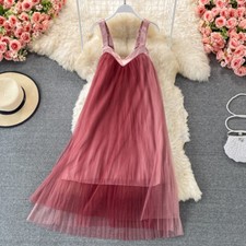 Lady Pleated Tulle Slip Dress Strappy Gradient Color Mesh Summer Beach Party New