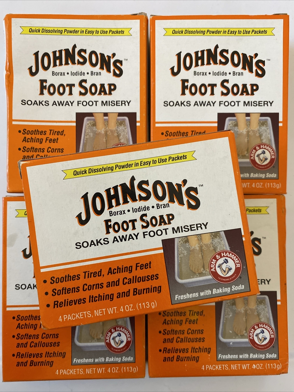 5Johnson's Foot Soap Powder 4 Packets Soothes Tired Aching Feet Disc