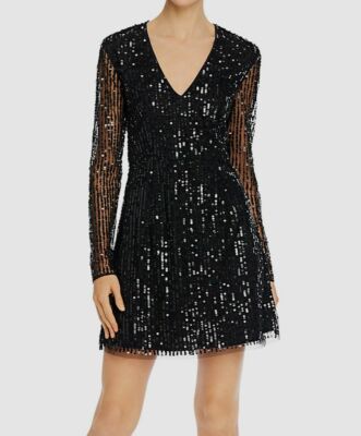 $495 French Connection Women's Black Sequin V-Neck Long-Sleeve Mini Dress  Size 0 | eBay