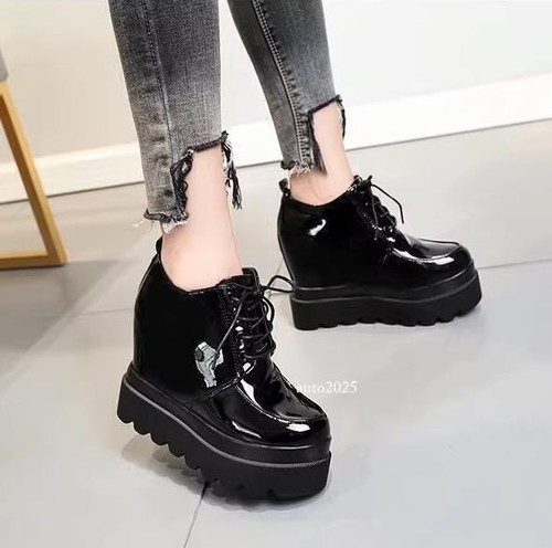Women Booties Platform Lace Up Creepers Shoes High Hidden Wedge Heels Sneakers - Picture 4 of 22