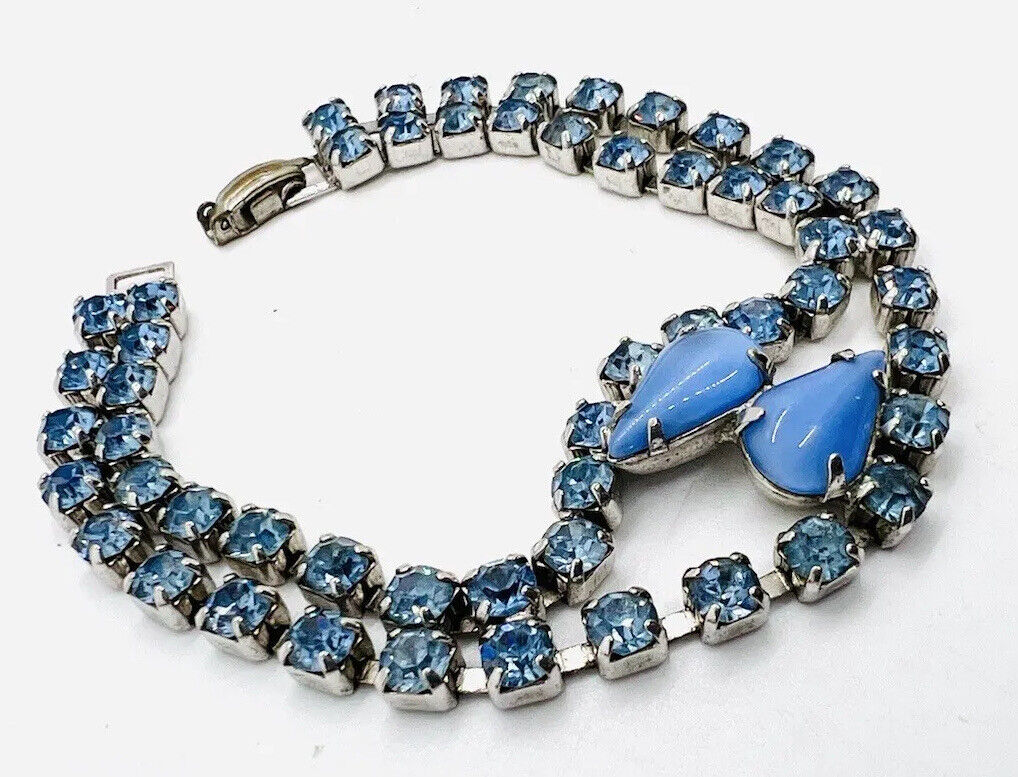 Baby Blue Moonstone Glass & Rhinestone Bracelet S… - image 3