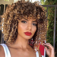 Curly Wigs for Black Women - Kinky Afro Curly Wig with Bangs 2 Tone Blonde Mixed
