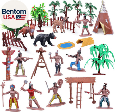 31Pcs Native American Village Playset, Assorted Indigenous People Figures with T
