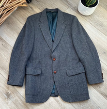 Vintage Tweed Blazer Herringbone 100 Pure Wool Men's Made in USA Blue
