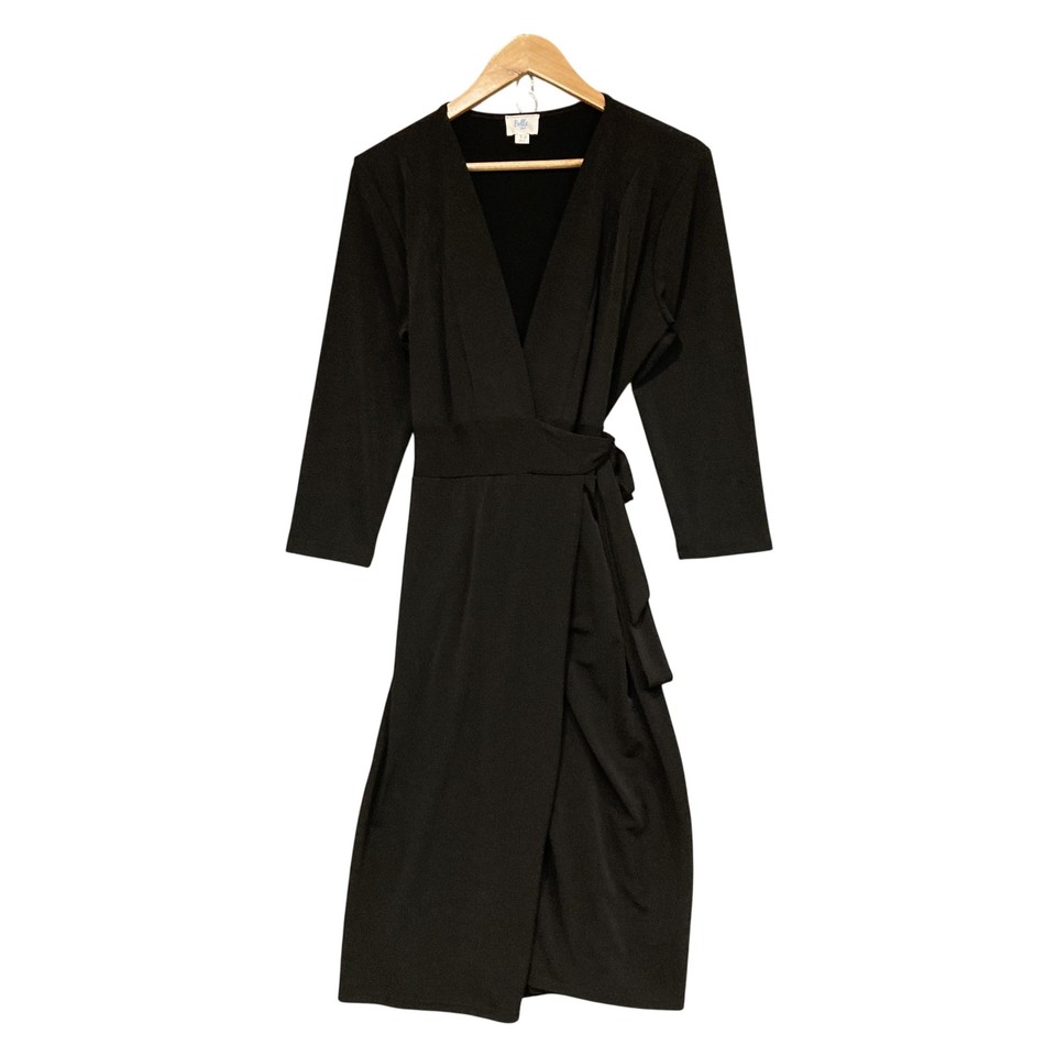 Belle Bird Dress Womens 12 Black Wrap Midi Long Sleeve V Neck Jersey Stretch