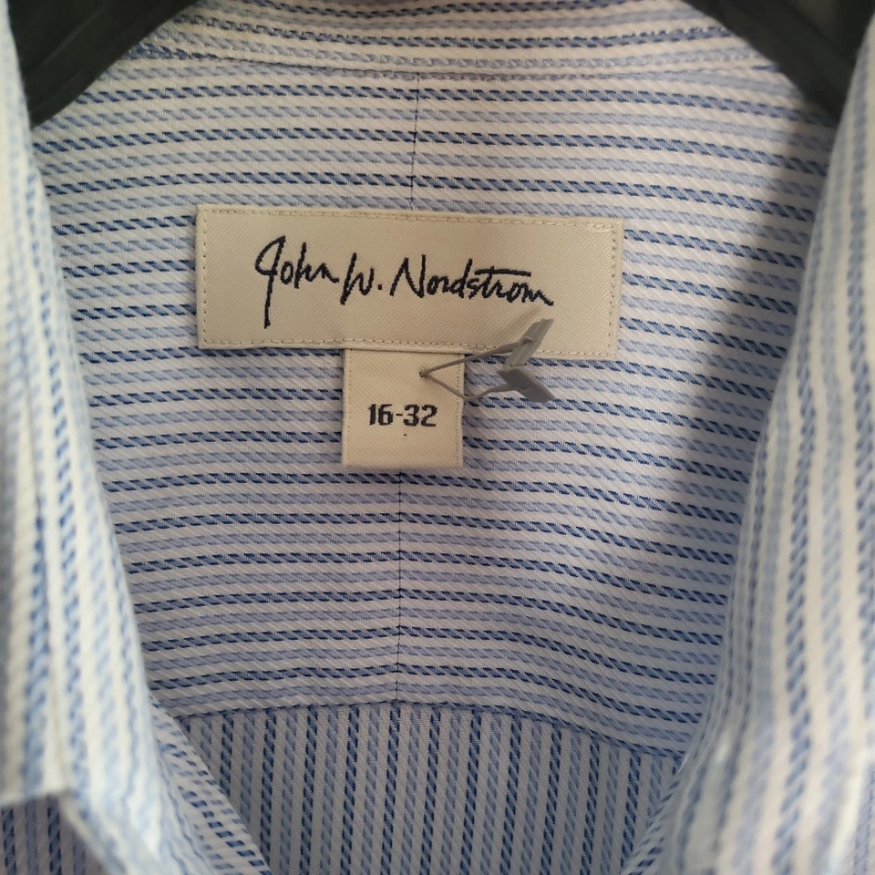John Nordstrom Shirt Men 16-32 White/Blue Stripped Long Sleeve Dress Slim - Image 2 of 4