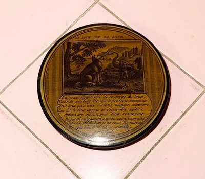 Antique Papier-Mache Snuff Box Black Lacquer 3.5'' Fable Wolf Crane 19th France