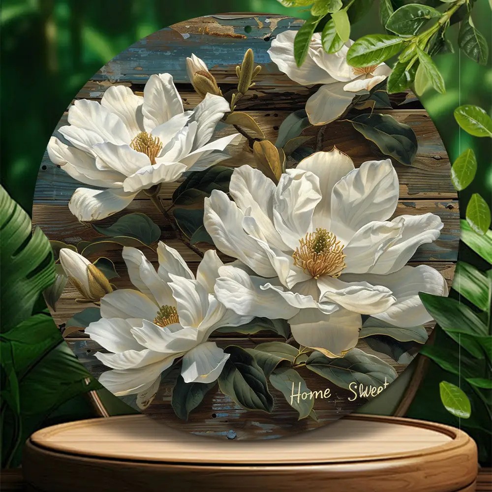 Rustic Farmhouse Magnetic Round Wall Sign White Magnolia Wreath Home Sweet Home