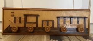 VINTAGE WOOD TRAIN WALL ART 3D LOCOMOTIVE FREIGHT CAR PLAQUE 30.5” MID CENTURY