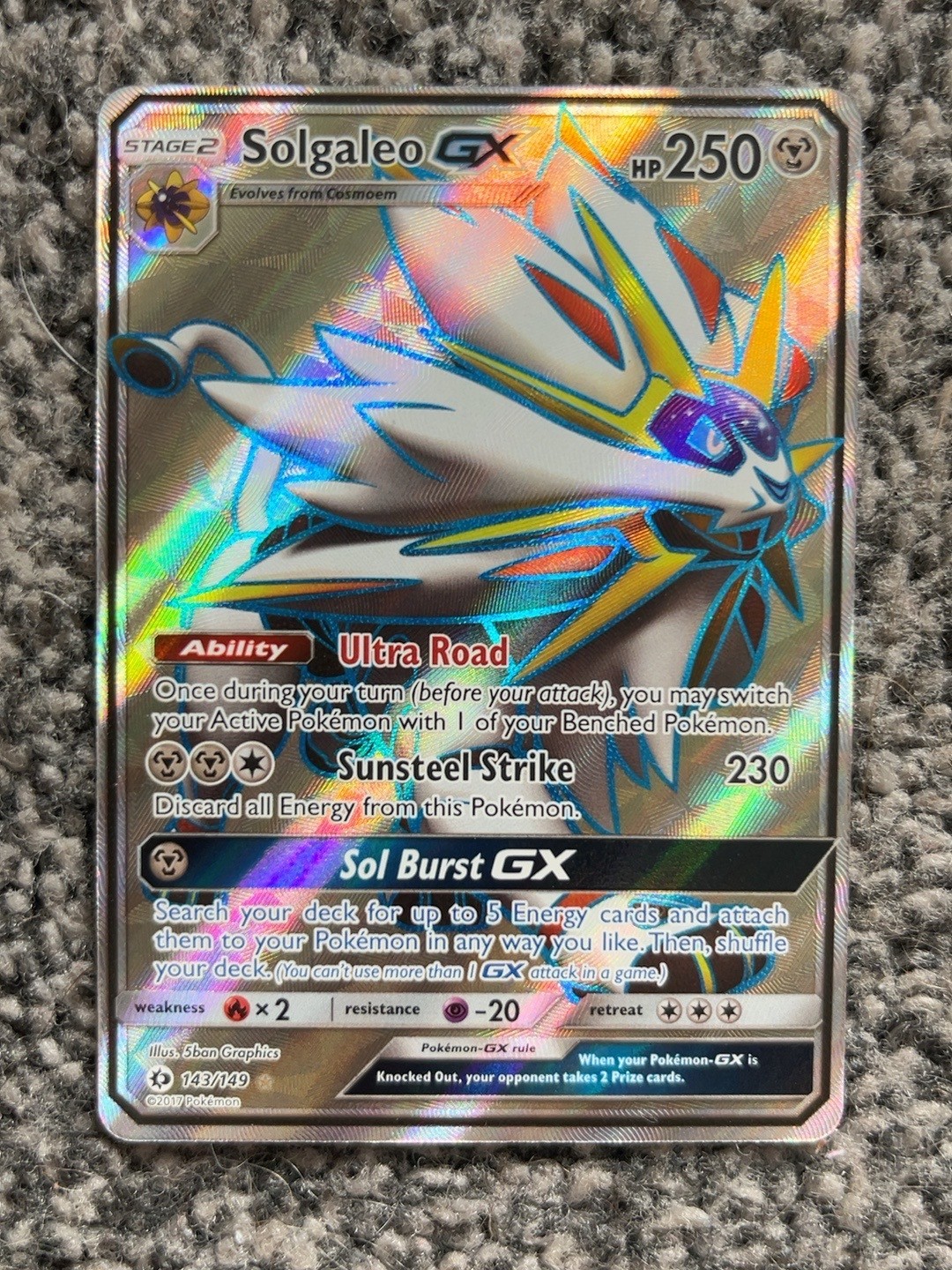 Pokemon Sun & Moon Ultra Rare Full Art Solgaleo GX Card 143/149