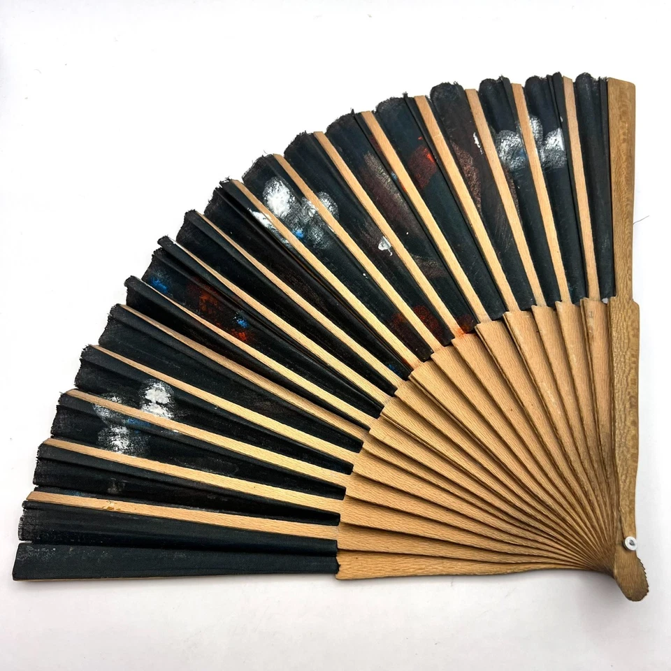 Ventilador de mão vintage asiático preto dobrável pintado à mão flor tecido de madeira - Imagem 2 de 4