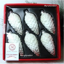 Martha Stewart White  Silver 4" Glass Pinecone Christmas Ornaments  Set of 6