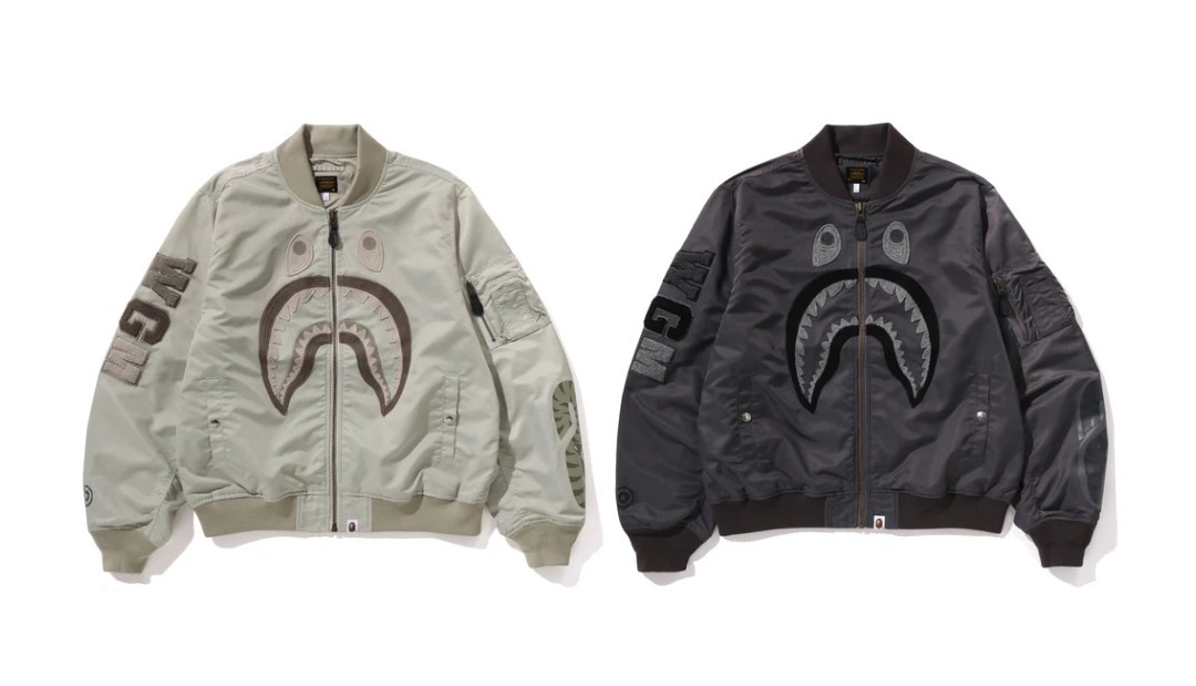 A BATHING APE Men's TONAL CHAIN STITCH SHARK BOMBER JACKET 1L80