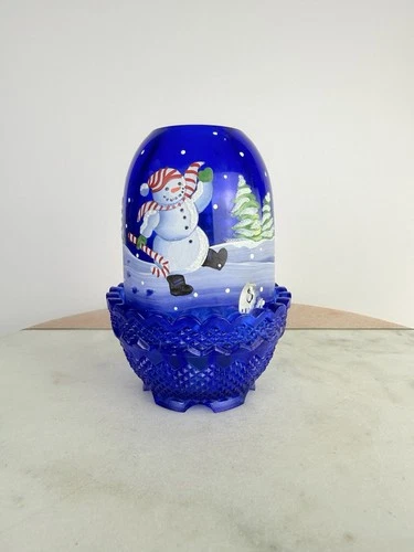 Fenton Glass Cobalt Fairy Lamp Hand Painted In Jolly Snowman Signed Numbered
