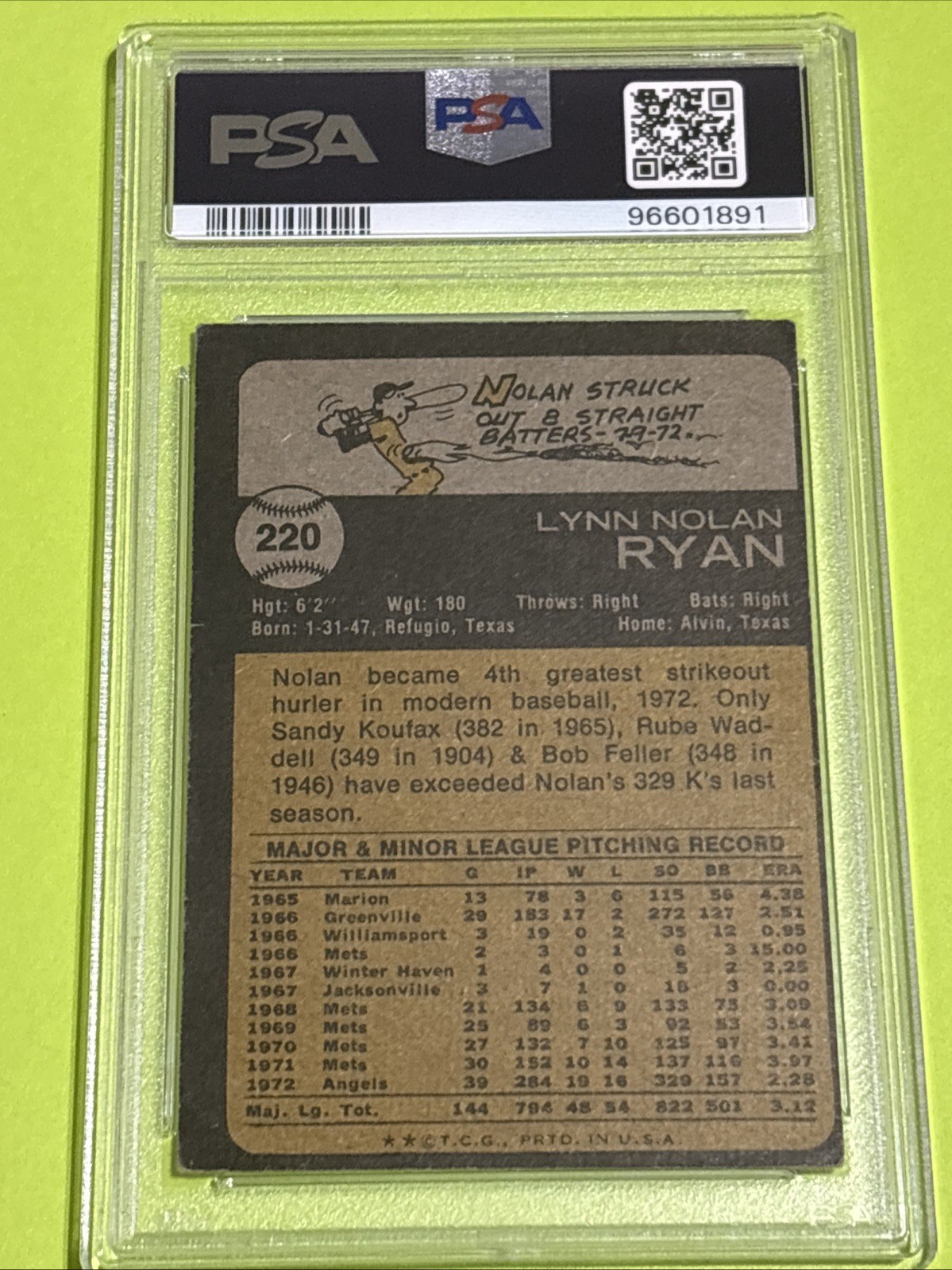 1973 Topps Nolan Ryan #220 PSA 3 Angels Hall of Fame Pitcher. view 5