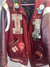 Iron Wood Wool Varsity Jacket Michigan High School Letterman Pins Patches Devil