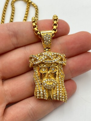 SteelTime Gold Toned Stainless Steel Necklace with Jesus Pendant  w/Stones