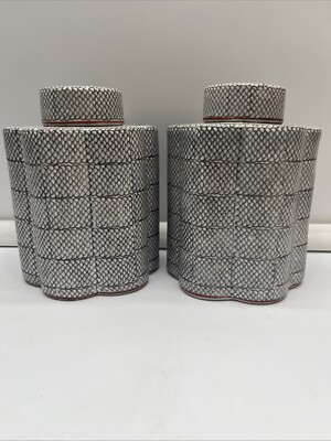 Vintage Chinese Porcelain Fish Scale Tea Canister Set Of 2 Mid Century