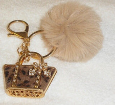 Metal Brown Purse PomPom Keychain Backpack Purse Charm Great Gift