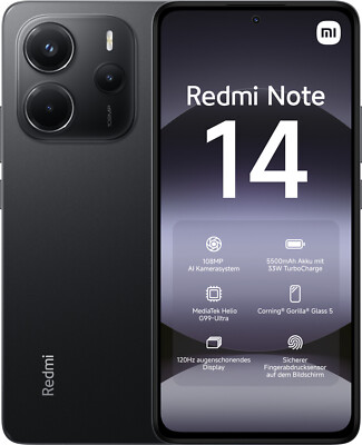 Xiaomi Redmi Note 14 6GB RAM 128GB schwarz Hervorragend   Refurbished