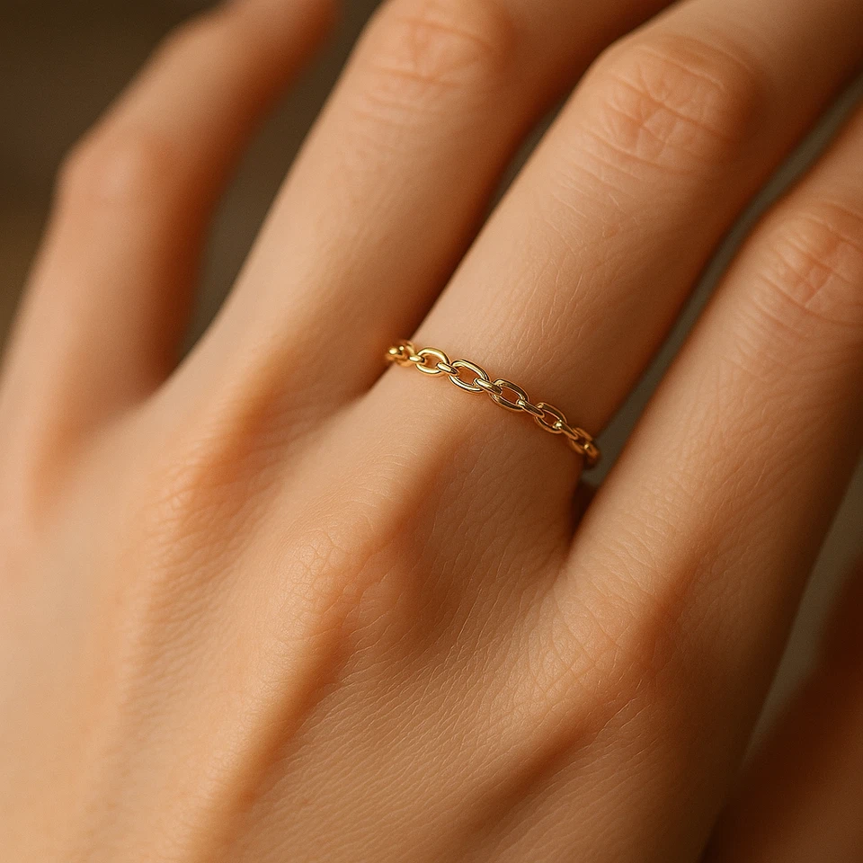 14K Real Solid Yellow Gold Dainty Chain Link Minimalist Braided Band Ring - Image 2 of 4