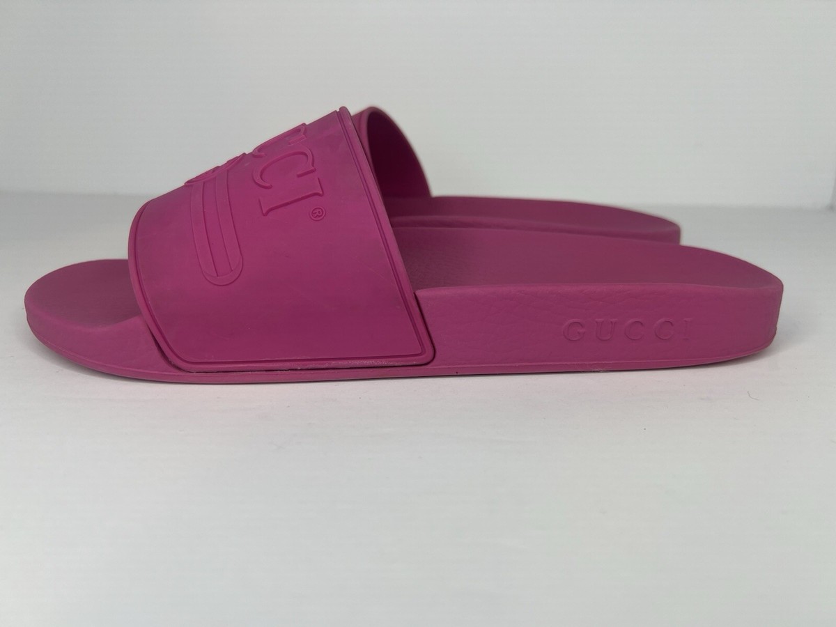Gucci Women Logo Pursuit Vintage Pool Slide Sandal Fucsia Pink Men