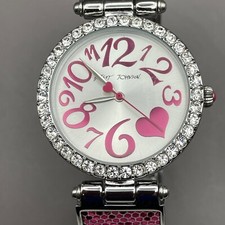 Betsey Johnson Watch Bangle Pink Heart Crystal Silver Tone Signed Needs Battery