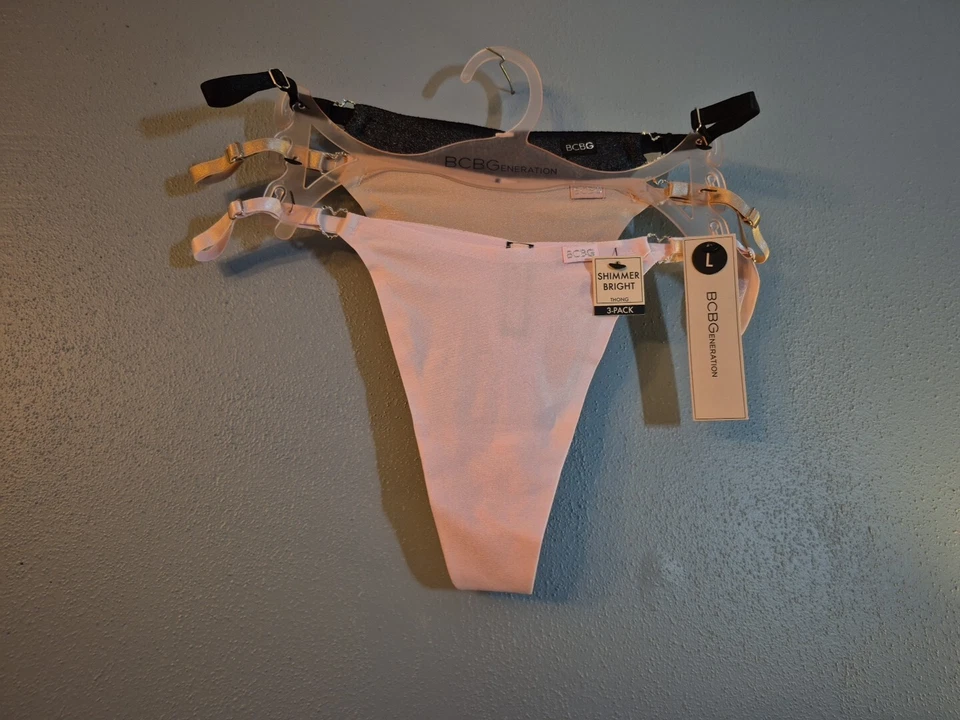 BCBGeneration 3 Pack Shimmer Bright-Thong Panties Black/Beige/Pink-Size L--NWT - Image 2 of 4