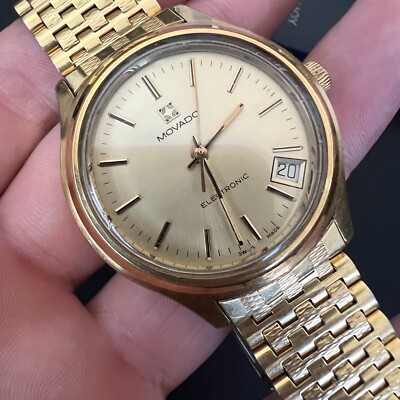Vintage Movado Electronic Swiss Made Gold Tone Date Mens Watch Running 