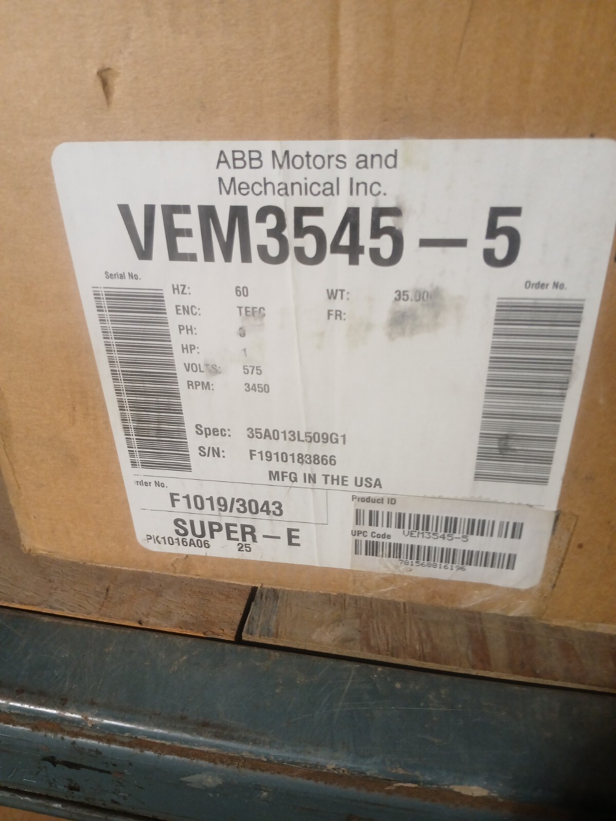 NEW ABB BALDOR VEM3545-5 1HP, 3450RPM, 3PH