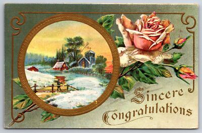 Greetings~Sincere Congratulations~Pink Flowers~Man Carries Bundle Of Sticks~PC