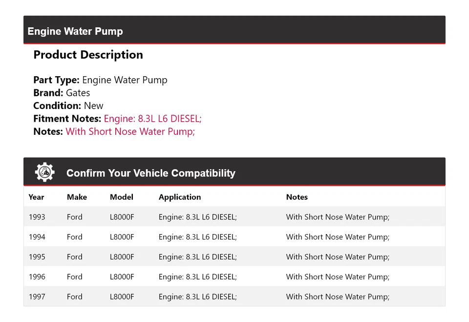Para Ford L8000F 1993-1997 8,3 L L6 Motor Diesel Bomba de Agua Puertas 1994 1995 1996 Foto 2 de 4