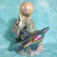 Vintage Lusterware Ceramic Playing Dolphins Gloss Pink Blue Ocean Coastal Decor 