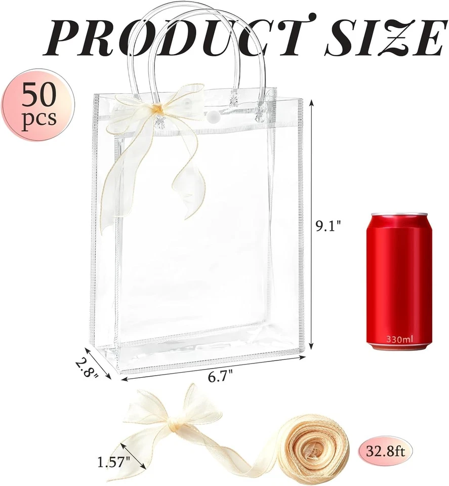 50个可重复使用透明礼品袋带把手和香槟丝带 - 9.1x6.7英寸 — 第 4/4 张图片