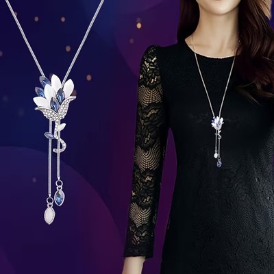 Women's Floral Crystal Tassel Long Sweater Chain Necklace Dress Accessories