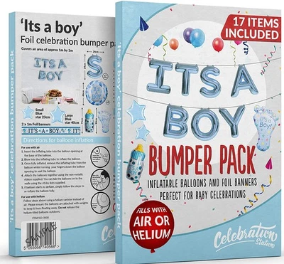 CELEBRATION STATION Its A Boy Blue Celebration Balloons Foil Banners Gender Reveal Party 17 Pack