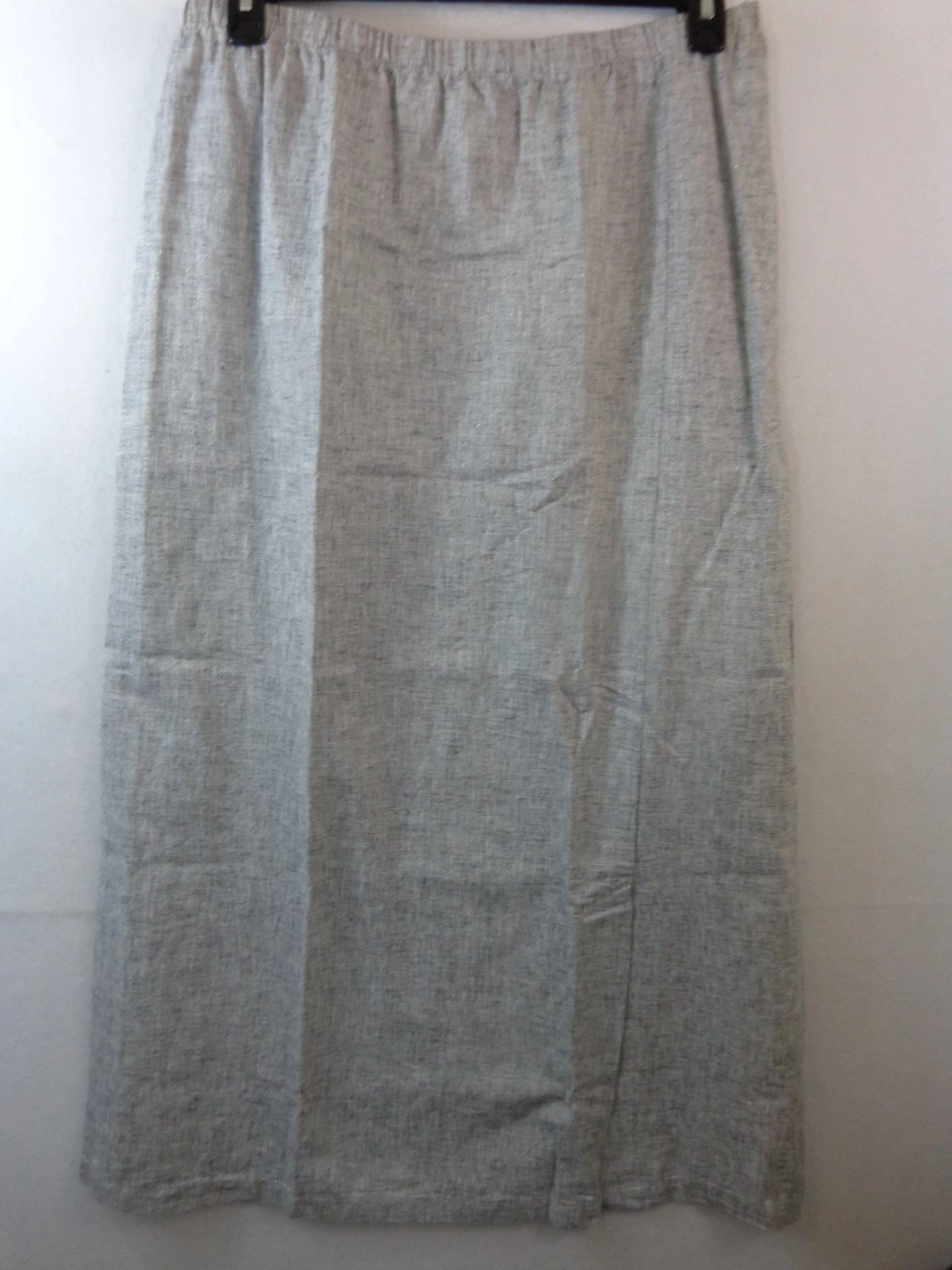 Hot Cotton Skirt Women's L Grey Linen Blend Maxi Metallic Threads Front Slit