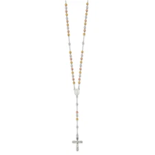 Silver Polished White Rose and Yellow Bead Rosary 18 inch Necklace QH5125