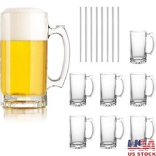 8 Pack Beer Mug Set W/ Stainless Steel Straws Perfect Parties BBQs Events New