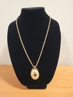 Vintage Oval Flower Pendant Necklace w/ Roses on Gold Tone Chain