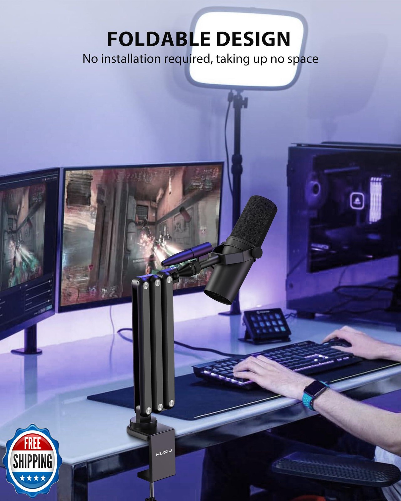 KU XIU Aluminum Alloy Boom Arm Microphone Stand for Desk, Three-S